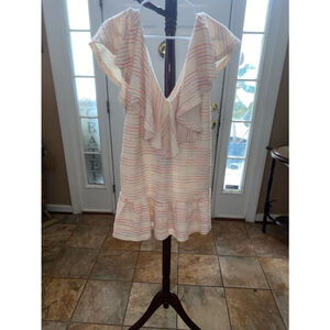 Women's Something Navy Quinn V-Neck Ruffle Dress - Size M - White/Pink